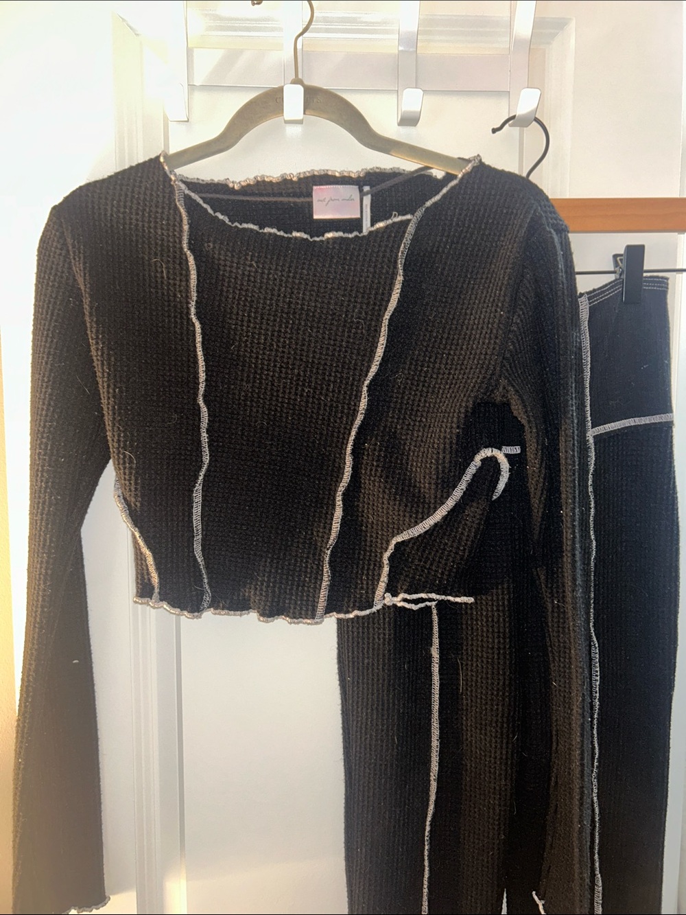 Black Waffle Knit Crop Top and Pants set with Contrast Stitching